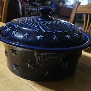 Longenburger Deep Blue Ceramic Covered Casserole with Patriotic Embossed Design